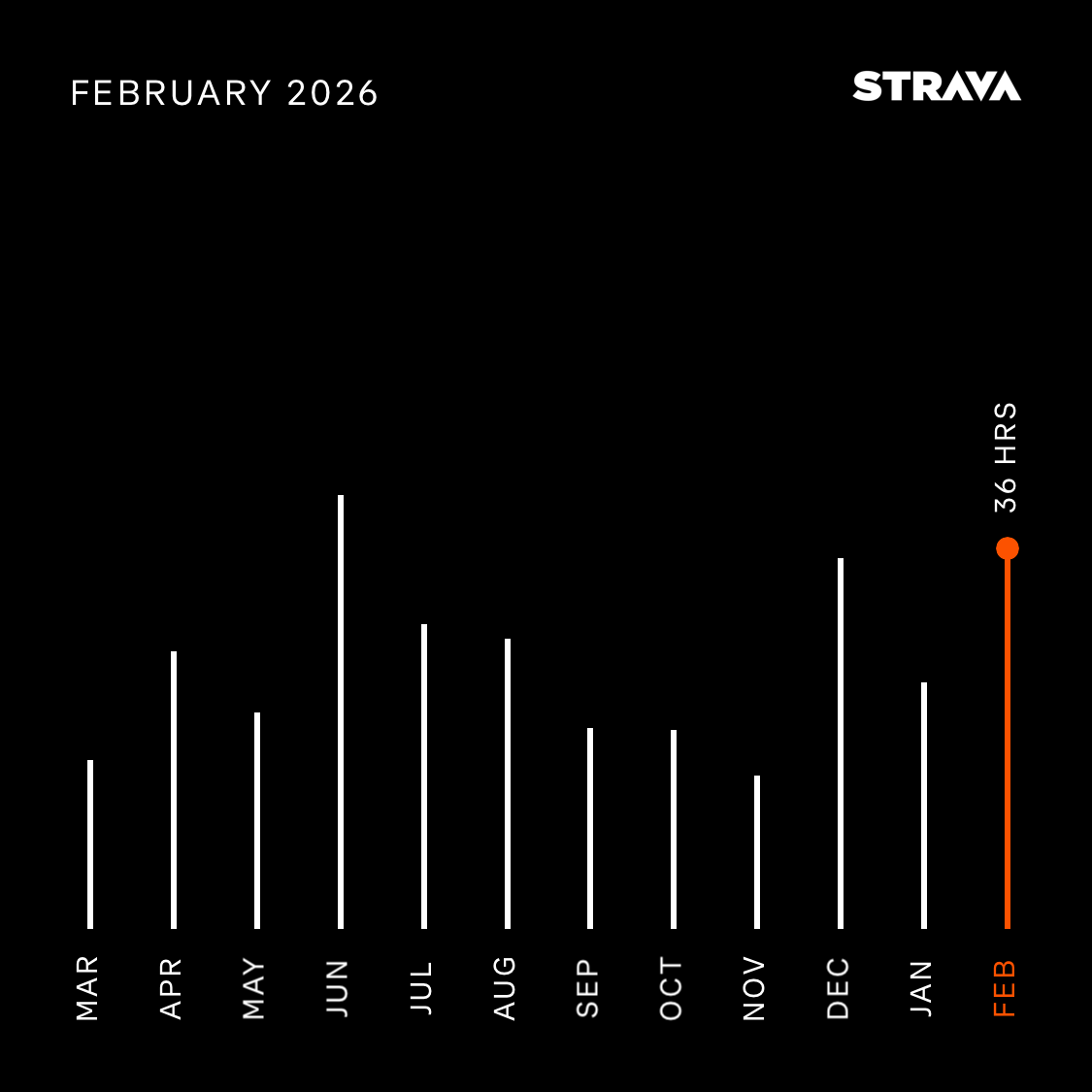 Strava February 2026 activity hours compared to past months — February highlighted as second highest