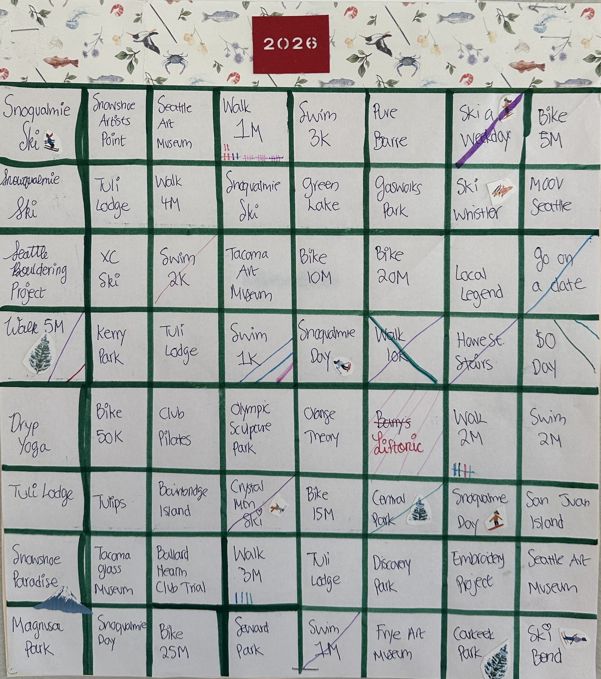 Handwritten 2026 bingo board with squares for skiing, swimming, biking, parks, and Seattle adventures