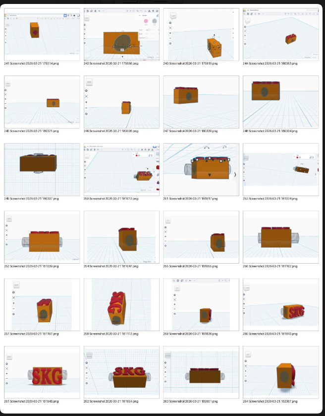 Contact sheet of TinkerCAD screenshots shared with Claude during the design iteration process