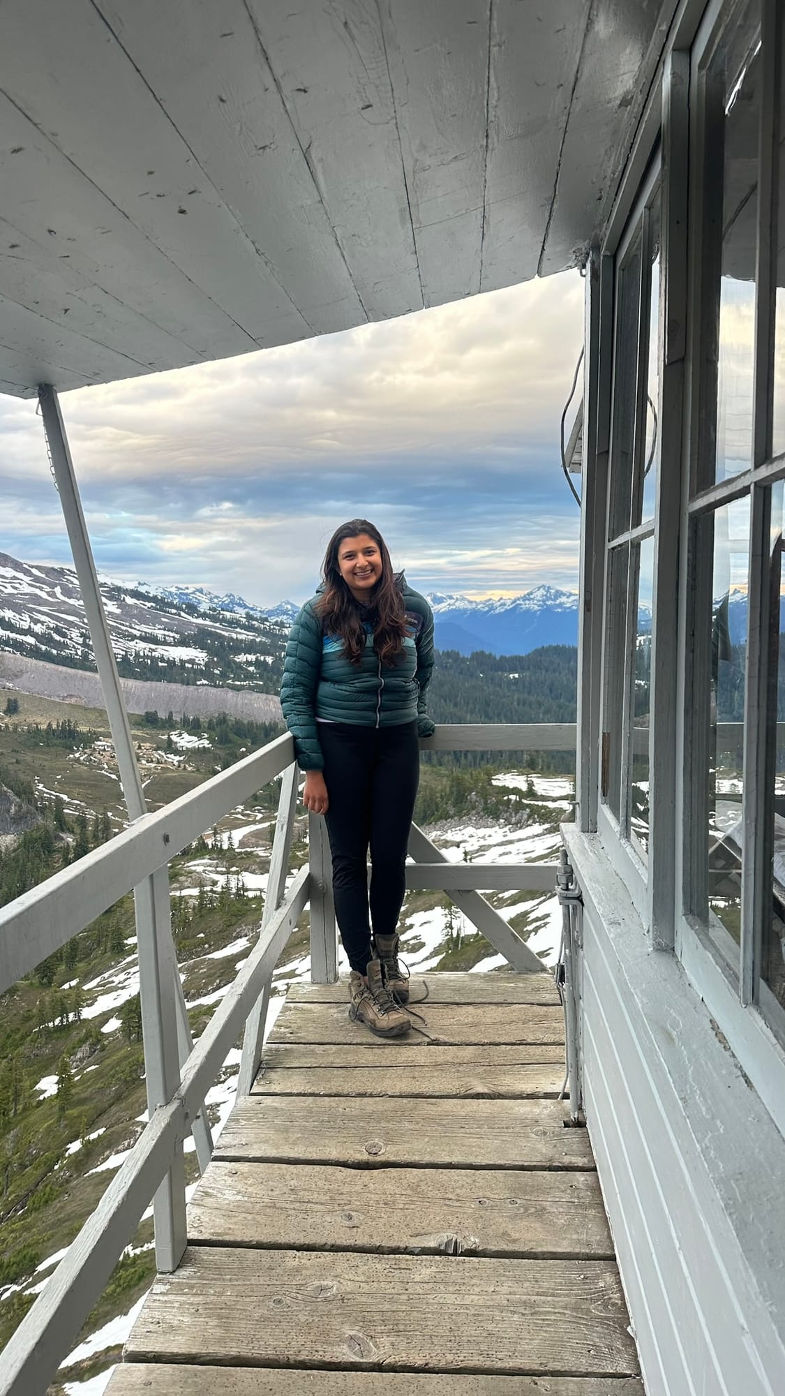 Morning porch portrait with snow fields and the Cascades behind