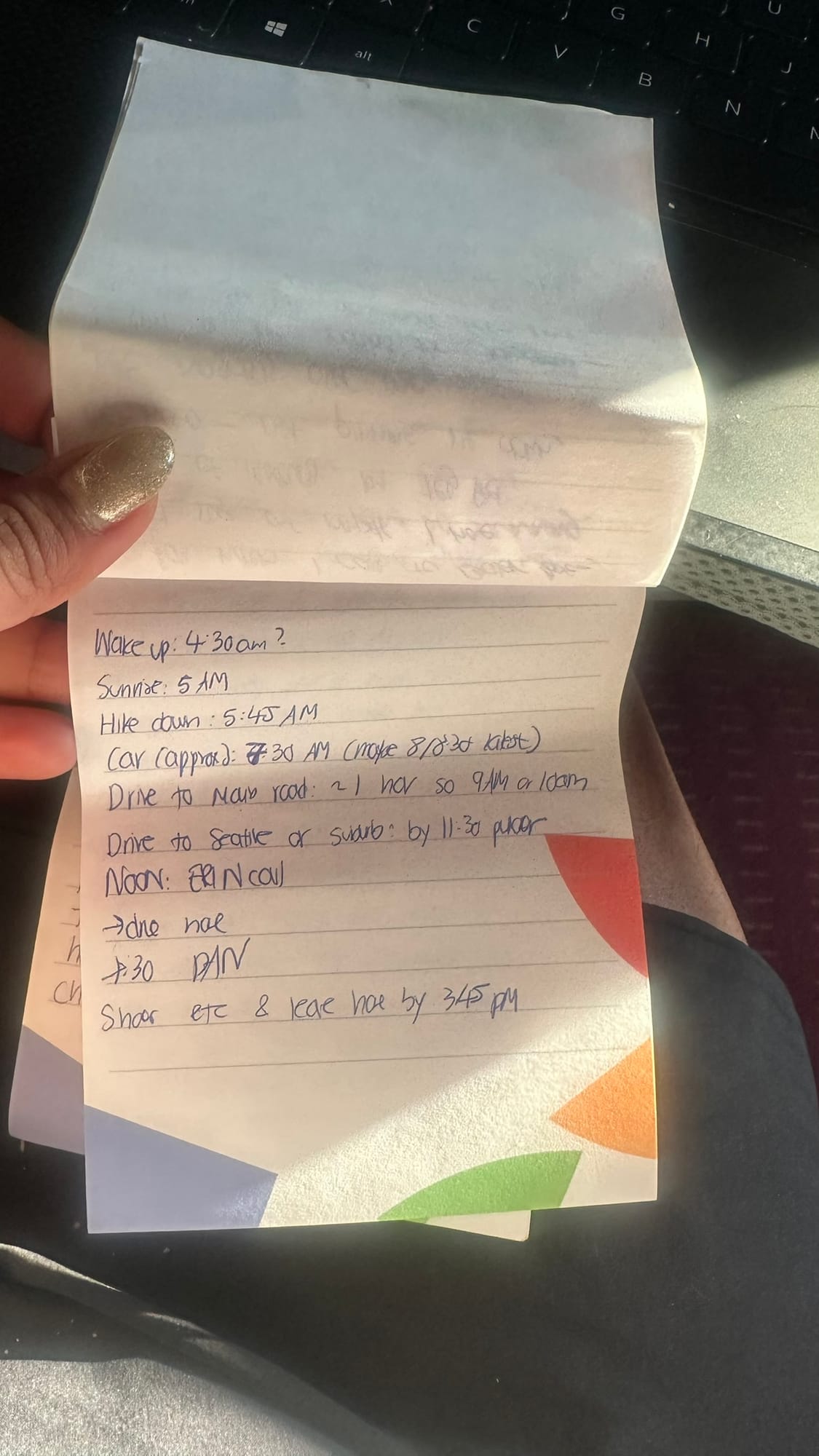 Handwritten schedule on a GFiber notepad: 'impossible to say in one sentence. But I know I have time & I can be calm.'