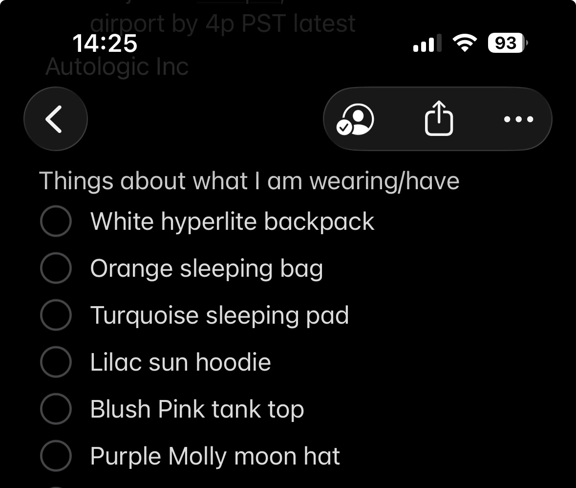 Notes app: 'Things about what I am wearing/have' — white hyperlite backpack, orange sleeping bag, turquoise sleeping pad, lilac sun hoodie, blush pink tank top, purple Molly Moon hat