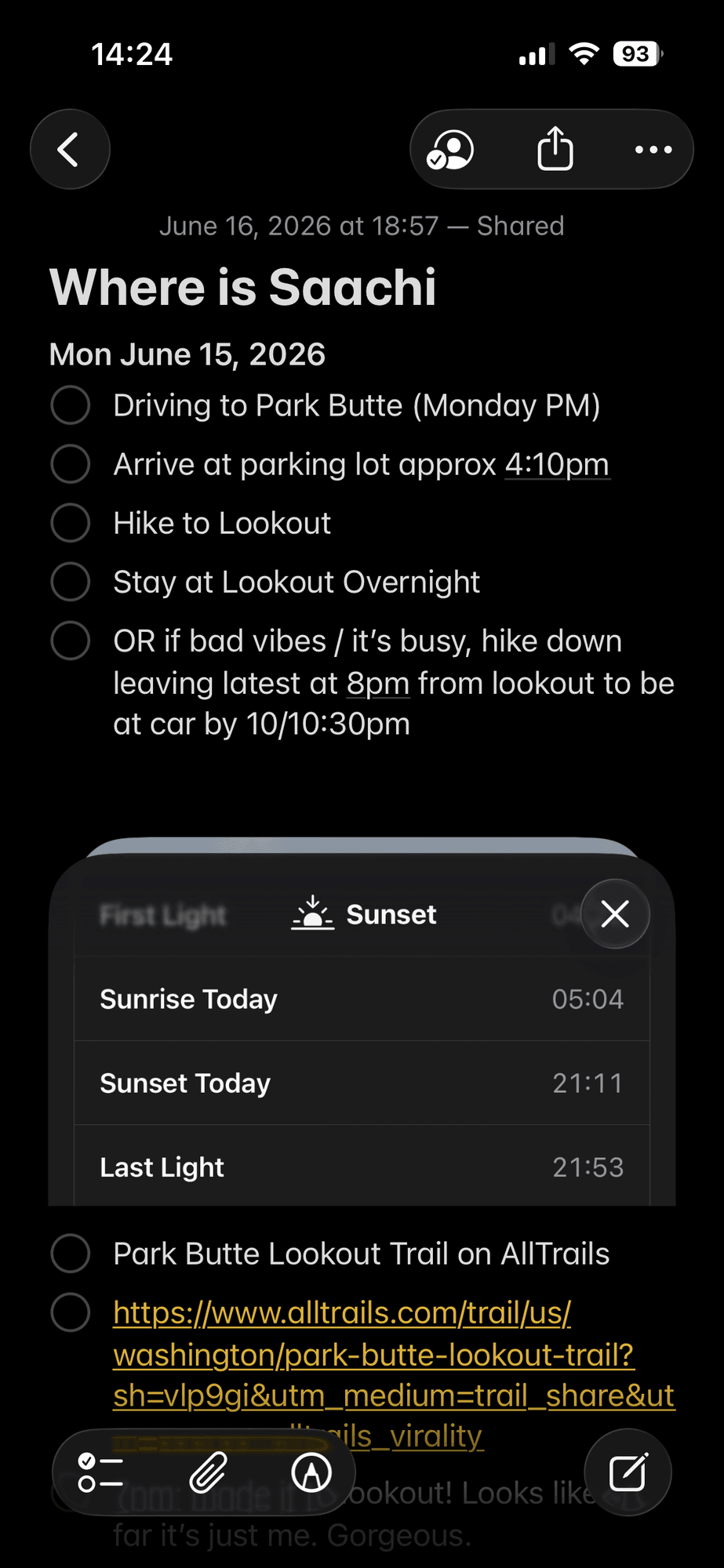 Notes app: 'Where is Saachi' — shared itinerary with driving, parking, hike plan and 8pm bail-out option