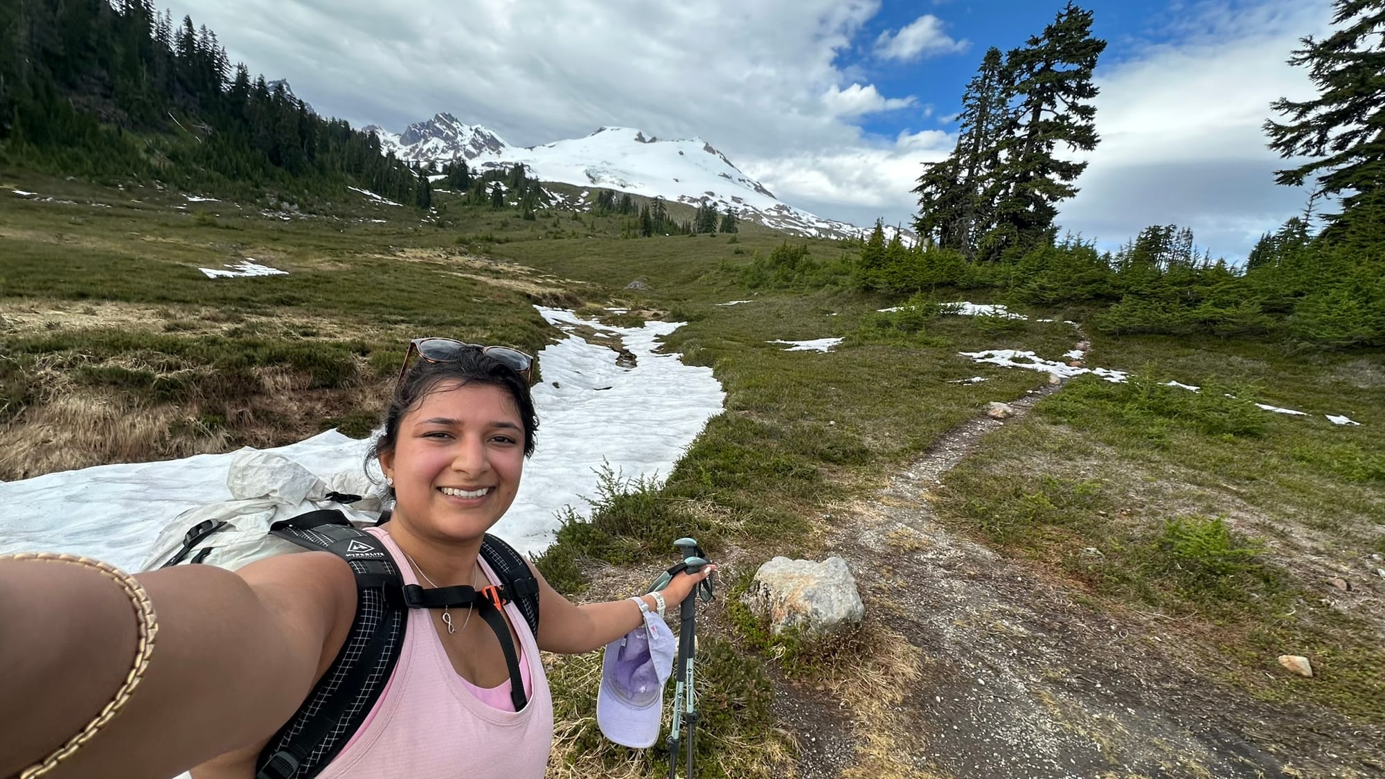 Wide snow field on the hike up with Baker in the background