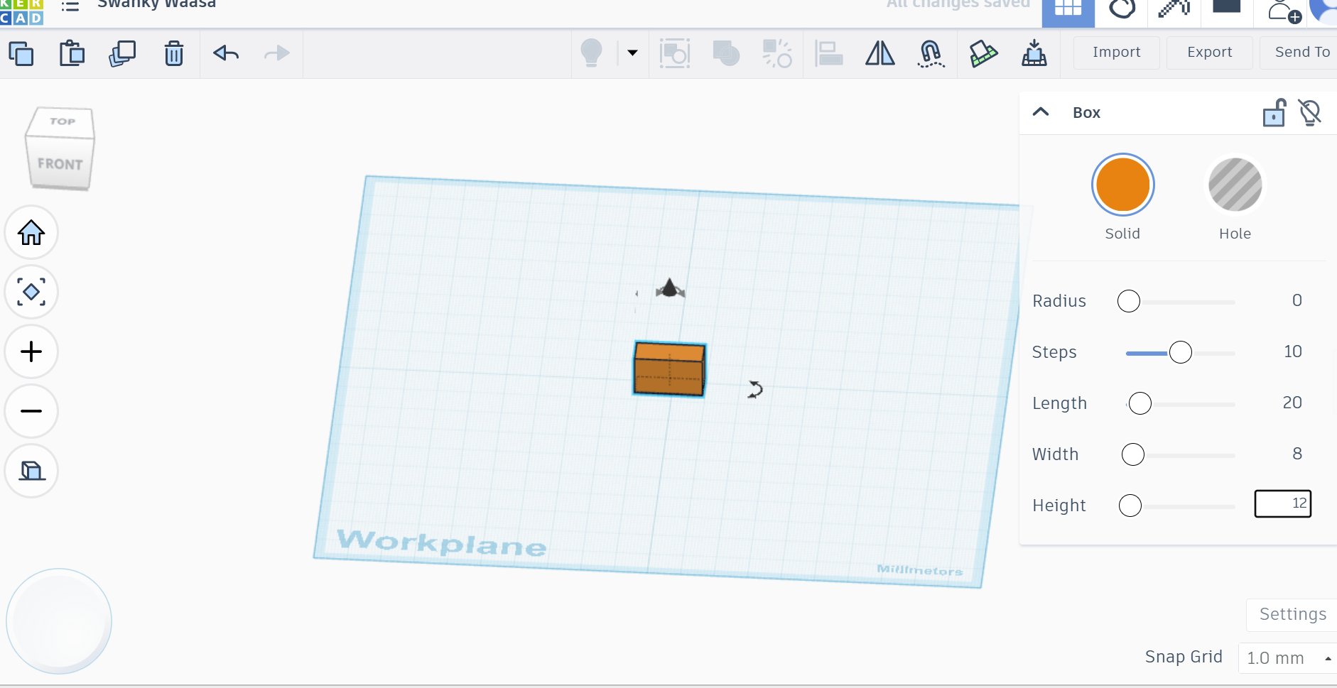 Orange box in Tinkercad with dimensions 20x8x12