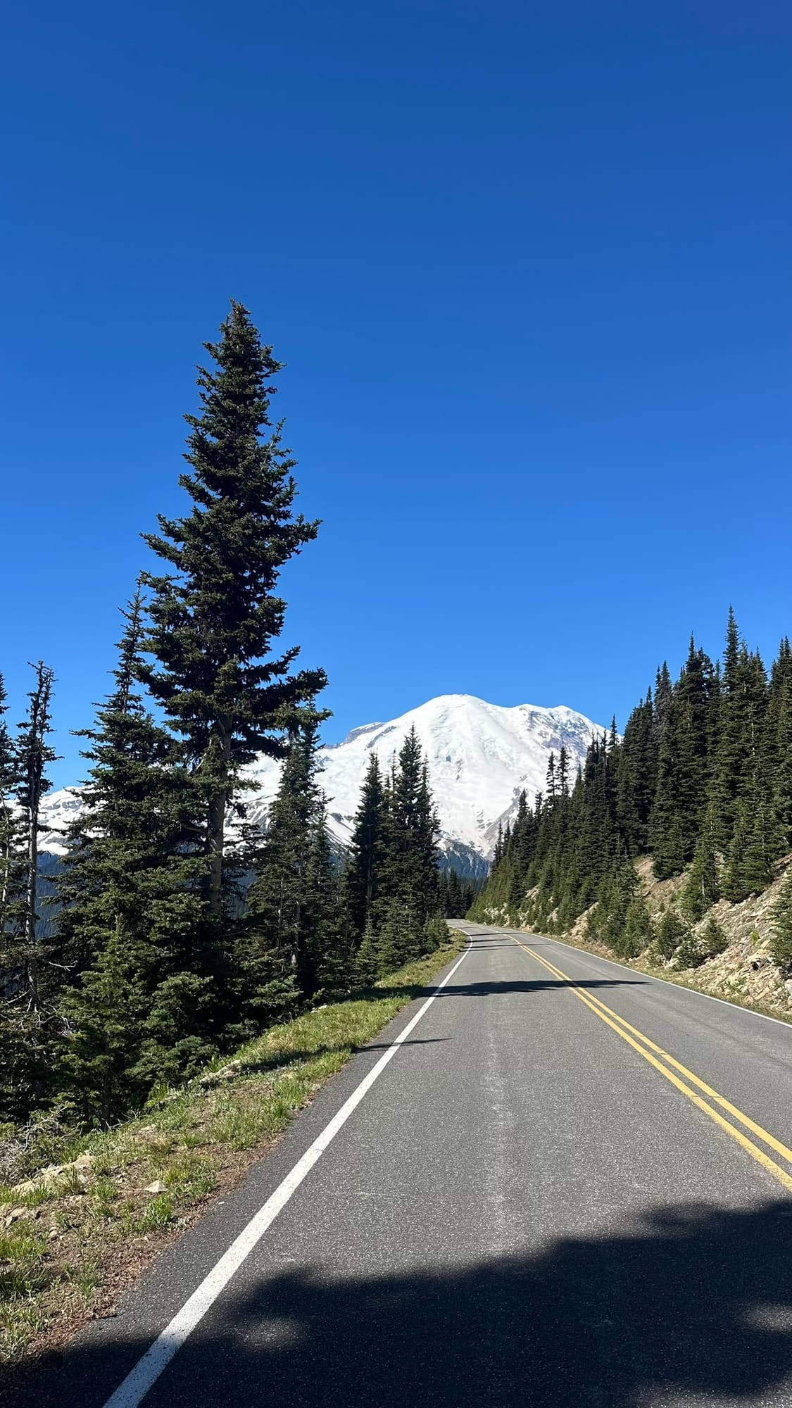 Rainier straight ahead at the end of the empty closed road